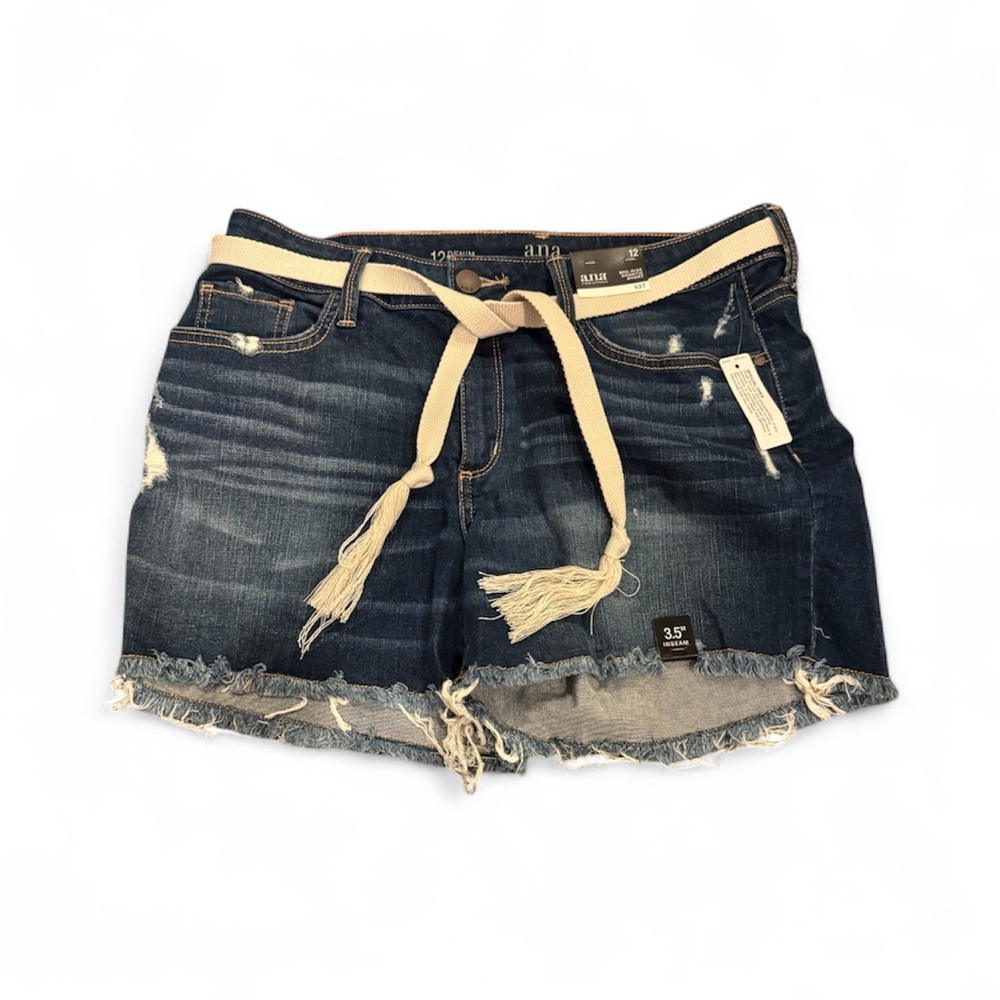 a.n.a Dark Blue Distressed Denim Shorts with Cream Belt